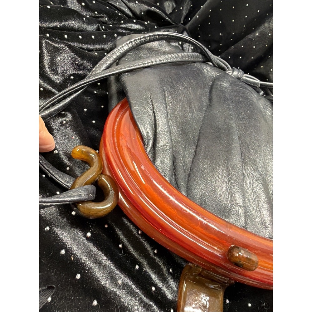 Vintage Ande' Leather Black Bakelite Snap Closure Purse Bag Silk Lining 1960s - Picture 11 of 16